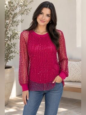 NWT Anthropologie Pilcro Long-Sleeve Sequin Shine Top - Magenta Pink
